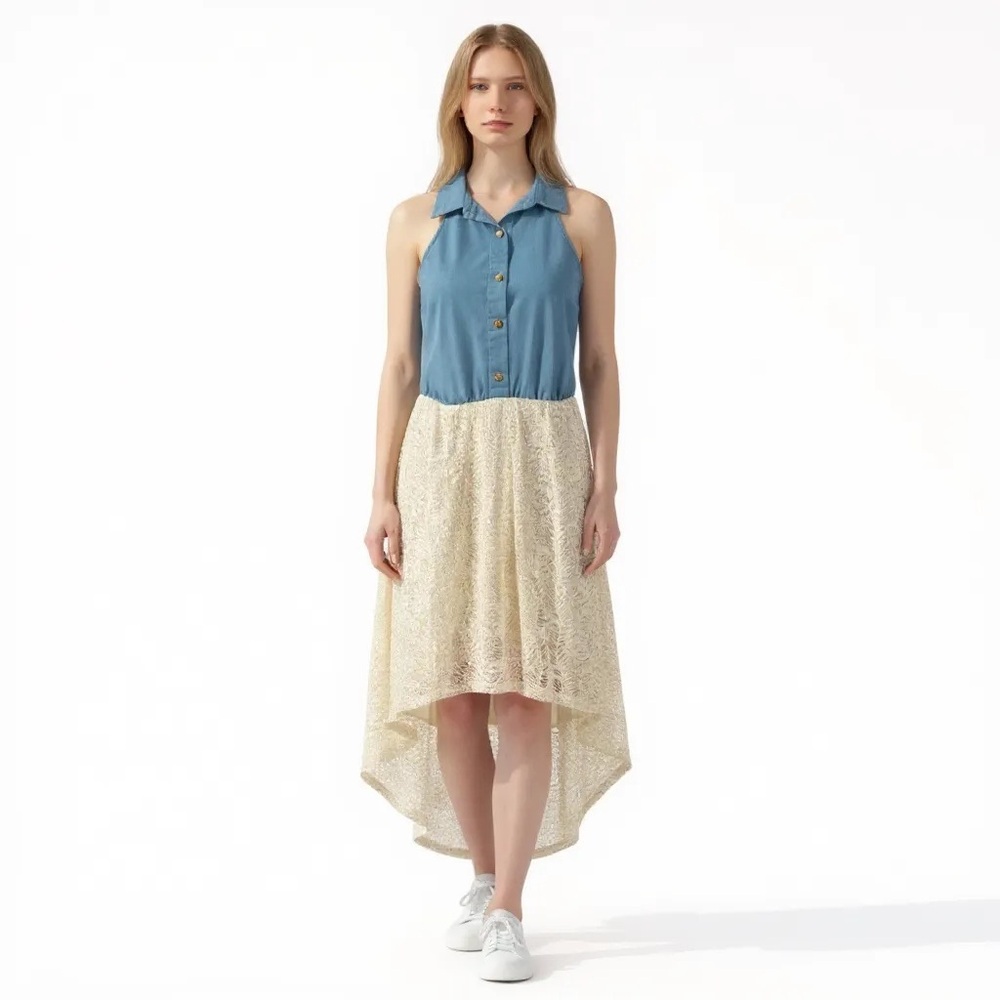 2b Bebe High Low Chambray & Lace Halter Dress Size Large